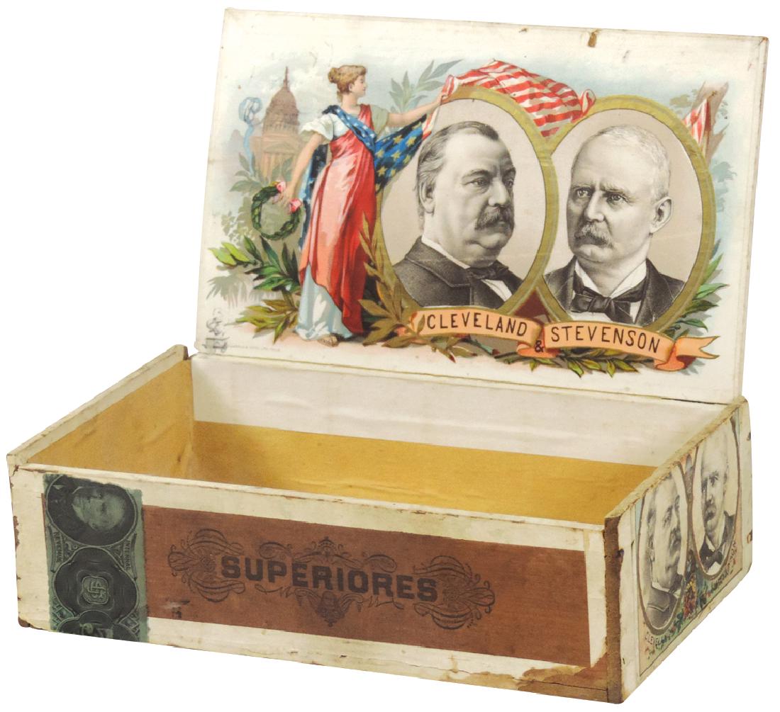 Cigar box, political, Cleveland & Stevenson, c.1883,: Cigar box, political, Cleveland & Stevenson, c.1883, colorful interior & exterior labels, VG/Exc cond, 2.75"H x 8.75"W.