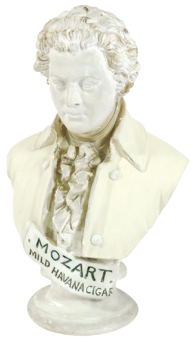Cigar store bust, Mozart Mild Havana Cigar, plaster: Cigar store bust, Mozart Mild Havana Cigar, plaster w/fine detail, Exc cond w/orig surface, 21"H x 14"W.