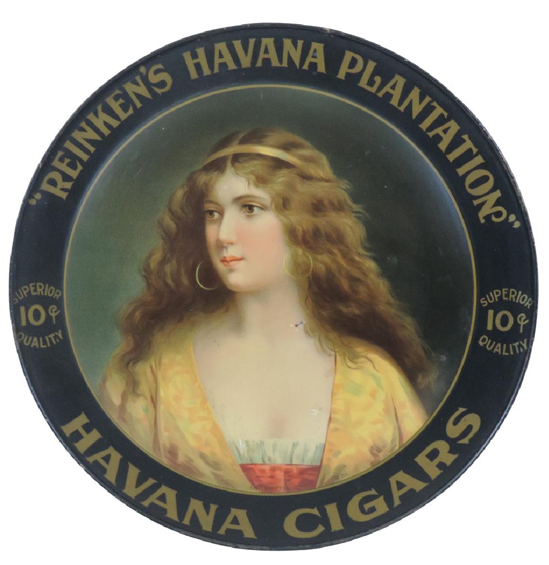 Cigar sign, Reinken's Havana Plantation Cigars,: Cigar sign, Reinken's Havana Plantation Cigars, pictures "Griselda", litho on metal by Meek Litho-Coshocton, O., artist Angelo Asti, c.1890's, VG/Exc cond w/paint fleck on woman's neck, 14"Dia.