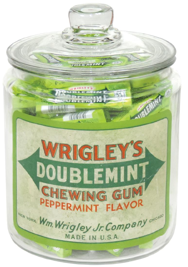 Country store chewing gum counter display jar,: Country store chewing gum counter display jar, Wrigley's Doublemint, glass jar w/early Wrigley's paper label, Exc+ cond, full of Doublemint gum, 9"H x 6"Dia.