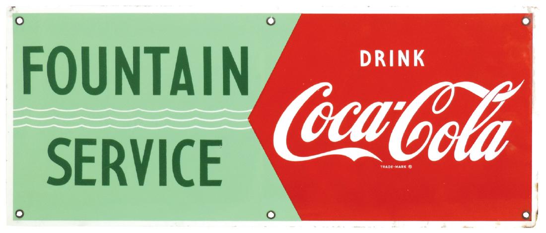 Coca-Cola Fountain Service sign, porcelain, c.1950's,: Coca-Cola Fountain Service sign, porcelain, c.1950's, never hung w/attached mounting hardware, Exc+ cond, 12"H x 28"W.