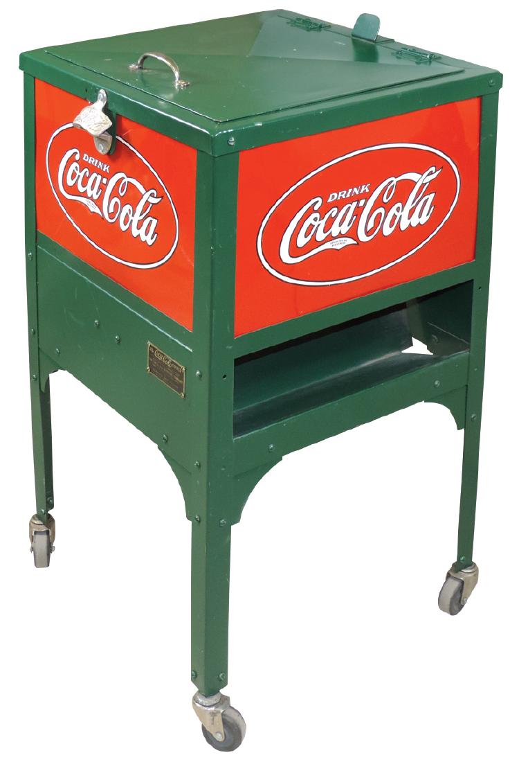 Coca-Cola cooler, Glascock Jr, mfgd by Glascock: Coca-Cola cooler, Glascock Jr, mfgd by Glascock Brothers Mfg Co.-Muncie, IN, embossed on all sides, c.1980's, Exc cond, 30"H x 17.5"Sq.