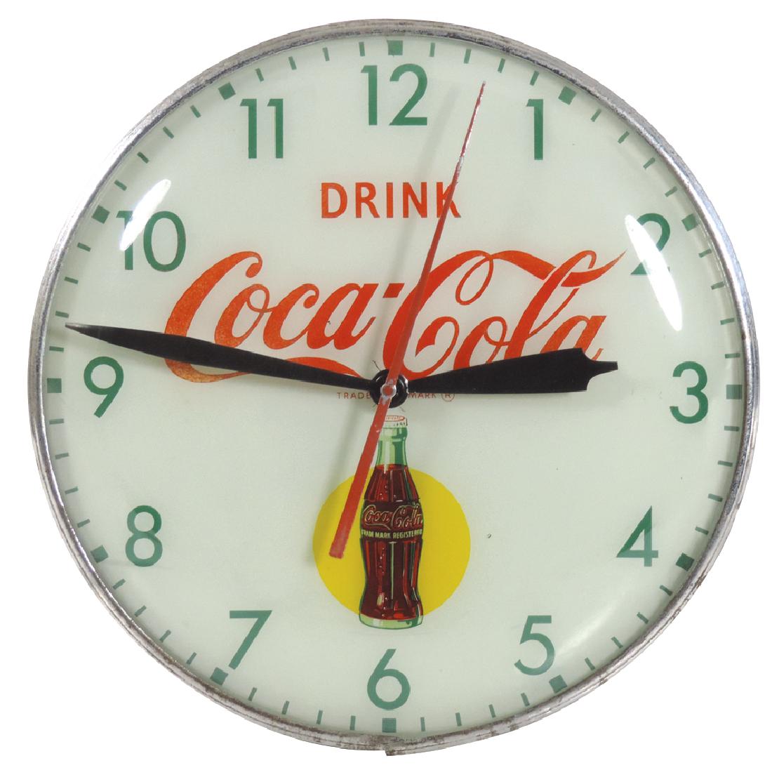 Coca-Cola clock, PAM lightup, metal case w/glass face,: Coca-Cola clock, PAM lightup, metal case w/glass face, Exc wkg cond, 16"Dia.