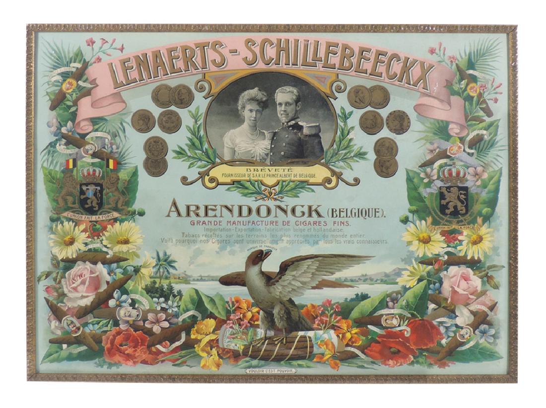 Cigar sign, Prince Albert of Belgium Cigars,: Cigar sign, Prince Albert of Belgium Cigars, Lenaerts-Schillebeecks, Arendongk, Belgium, litho on paper, c.1900, Rare, Exc cond, 27"H x 34"W.