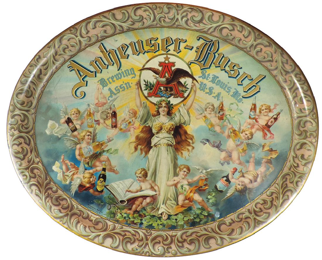 Breweriana tray, Anheuser-Busch Brewing Ass'n-St.: Breweriana tray, Anheuser-Busch Brewing Ass'n-St. Louis, MO., extremely colorful litho on tin, mfgd by Standard Adv. Co.-Coshocton, O., shows Roman Goddess & cherubs w/A-B beer bottles, c.1900, Exc co