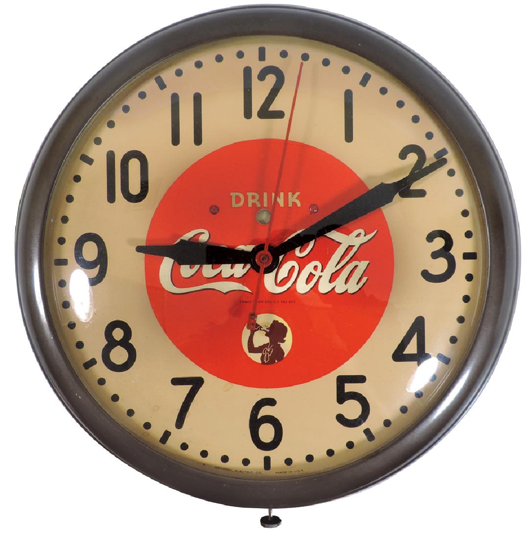 Coca-Cola clock, Silhouette Girl by General Electric: Coca-Cola clock, Silhouette Girl by General Electric Co., metal case, c.1939-1941, Exc wkg cond, 15"Dia.