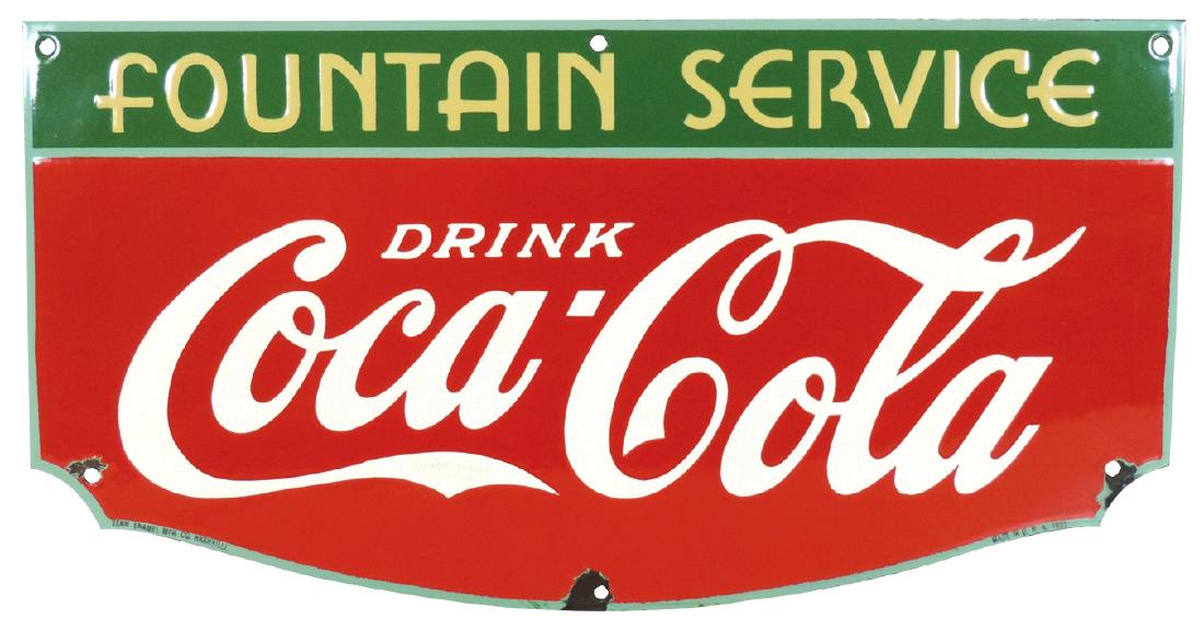 Coca-Cola Fountain Service sign, porcelain, from Tenn.: Coca-Cola Fountain Service sign, porcelain, from Tenn. Enamel Mfg Co., Nashville, c.1933, VG+/Exc cond w/chips around lower mounting holes, 14"H x 27.5"W.