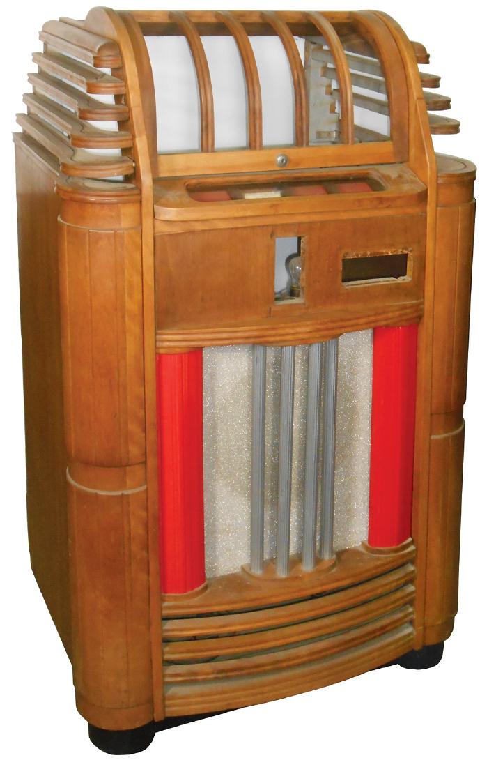 Coin-operated jukebox cabinet, Seeburg Universal,: Coin-operated jukebox cabinet, Seeburg Universal, Extremely Rare, Seeburg's version of the Wurlitzer Victory, made to take 1936-42 Symphonola 20 selection slider mechs, c.1930's, VG cond needing joint