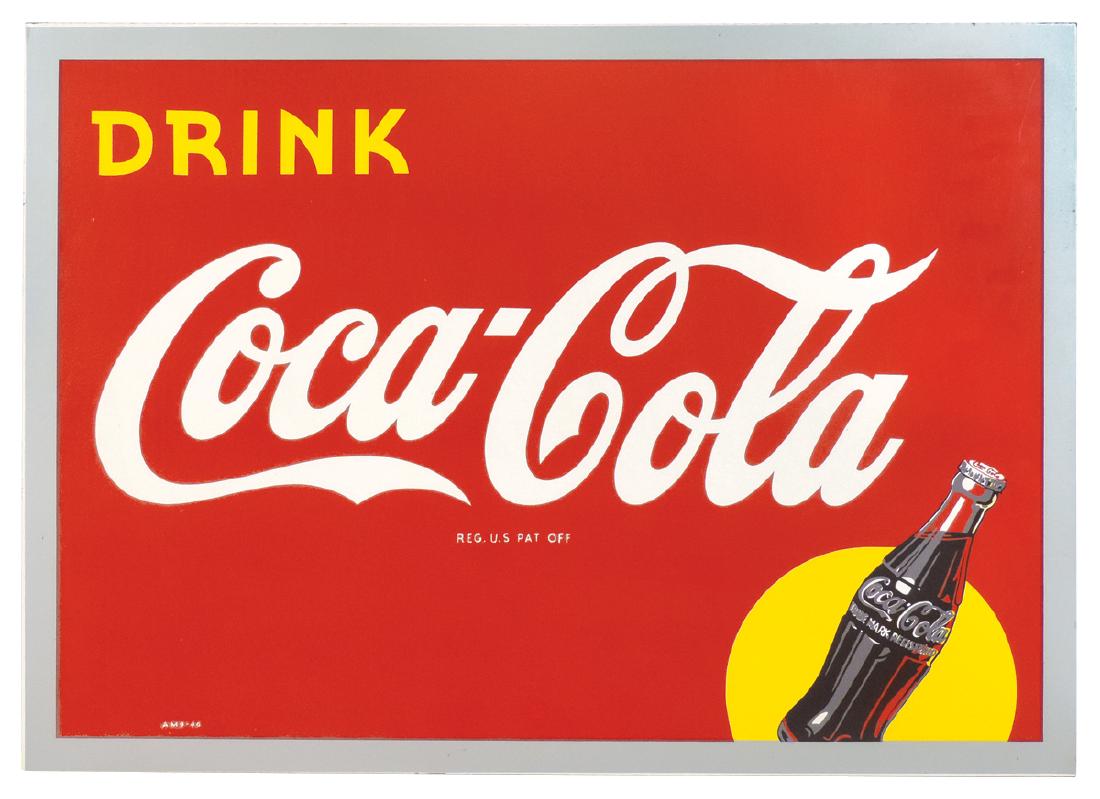Coca-Cola sign, Masonite, marked AM9-46, NOS in Mint: Coca-Cola sign, Masonite, marked AM9-46, NOS in Mint cond, 20"H x 28"W.