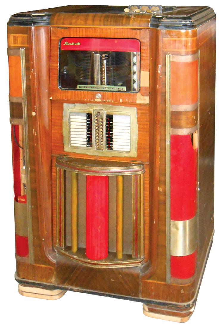 Coin-operated jukebox, Rockola Series B-IMP20: Coin-operated jukebox, Rockola Series B-IMP20 "Imperial", orig "as-found" cond, mech looks complete w/coin slide & chute, has Rare Rockola Luma-Chrome lightup front kit, broken plastics, c.1938, non-w