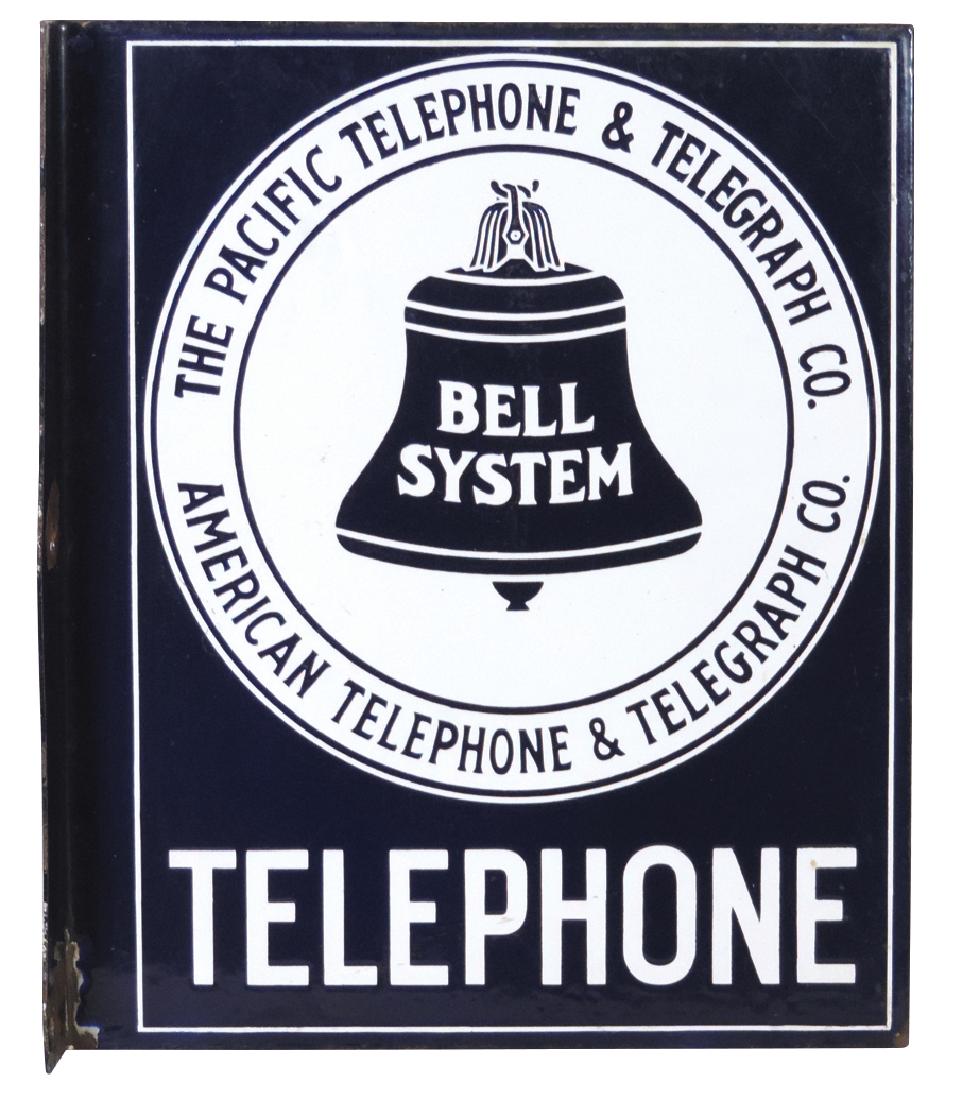 Telephone sign, The Pacific Telephone & Telegraph Co.,: Telephone sign, The Pacific Telephone & Telegraph Co., Bell System, 2-sided porcelain flange, VG+ cond w/some loss at mounting holes, 14"H x 12"W.