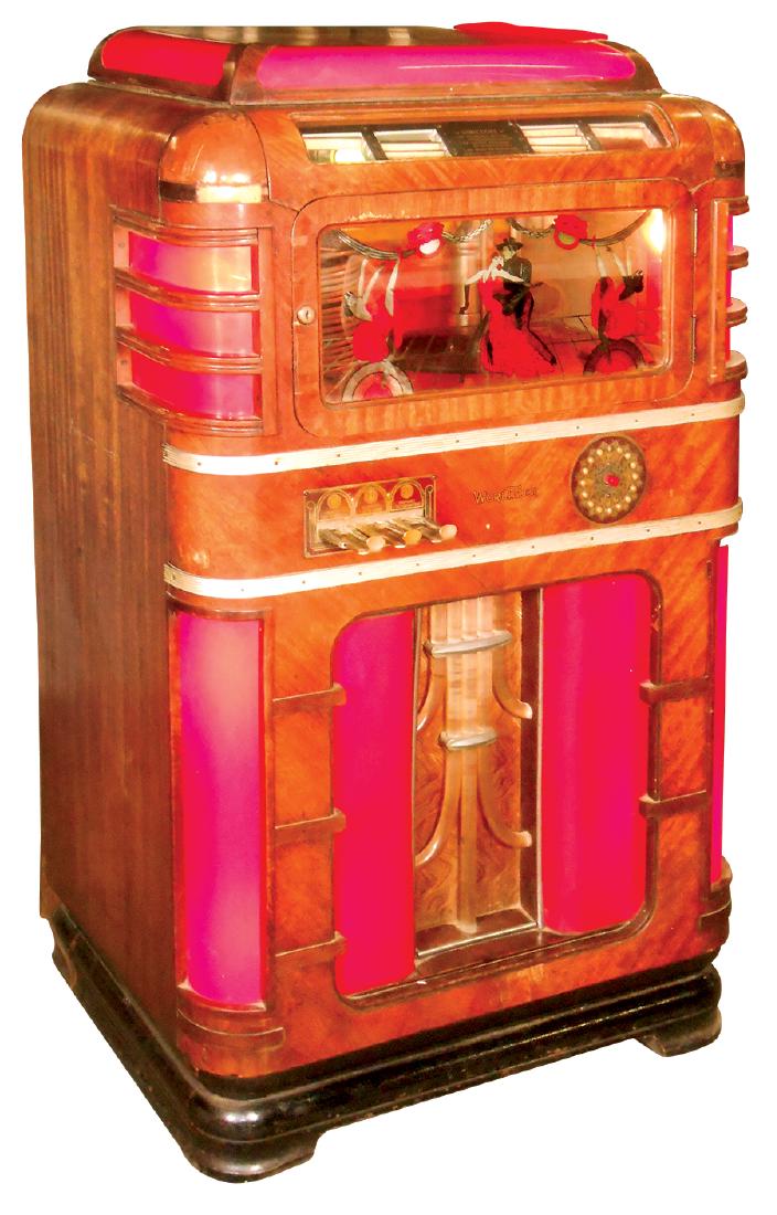 Coin-operated jukebox, Wurlitzer 616A, c.1937, Rare: Coin-operated jukebox, Wurlitzer 616A, c.1937, Rare door glass shows dancing figures, VG orig cosmetic cond, looks complete w/separate lightup kit & lightup dome, non-wkg, 54"H x 32"W x 24"D.