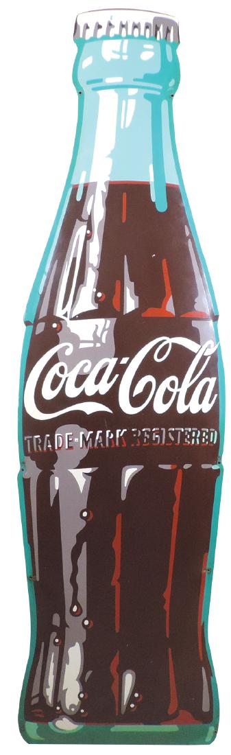 Coca-Cola sign, oversized diecut embossed metal bottle,: Coca-Cola sign, oversized diecut embossed metal bottle, marked AM128, Exc+ cond, 71.5"H x 20"W.