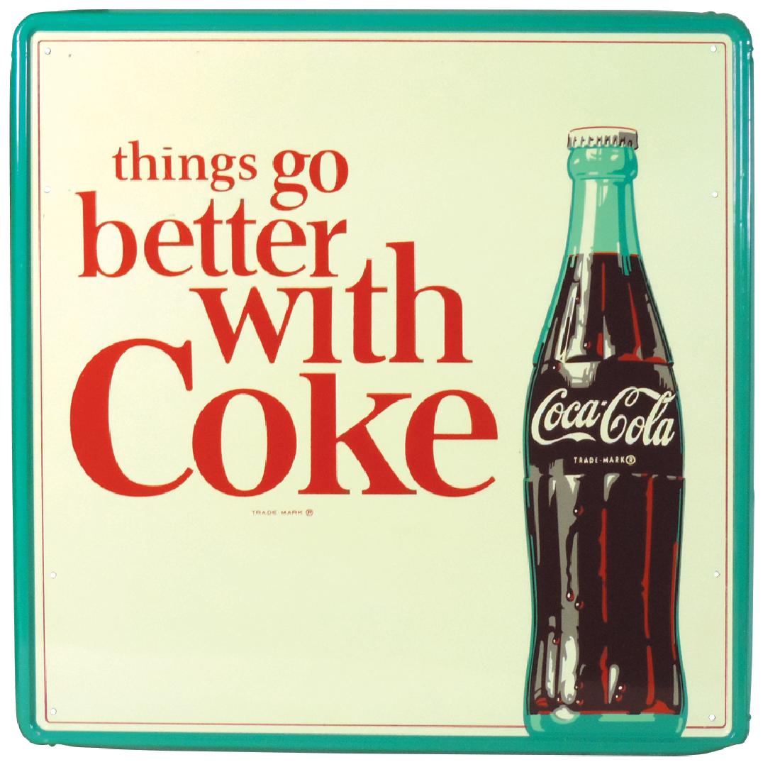 Coca-Cola sign, "things go better with Coke", embossed: Coca-Cola sign, "things go better with Coke", embossed metal w/bottle graphic, marked Robertson 7-46, NOS Near-Mint cond, 23.5"Sq.