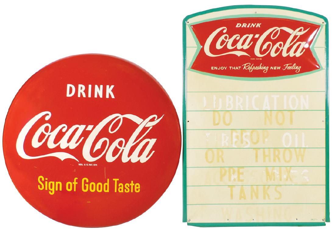Coca-Cola button sign & menuboard (2), both metal,: Coca-Cola button sign & menuboard (2), both metal, button in VG cond w/minor scratching & embossed menuboard Good cond w/old residue lettering, 24"Dia & 29.5"H x 20"W.