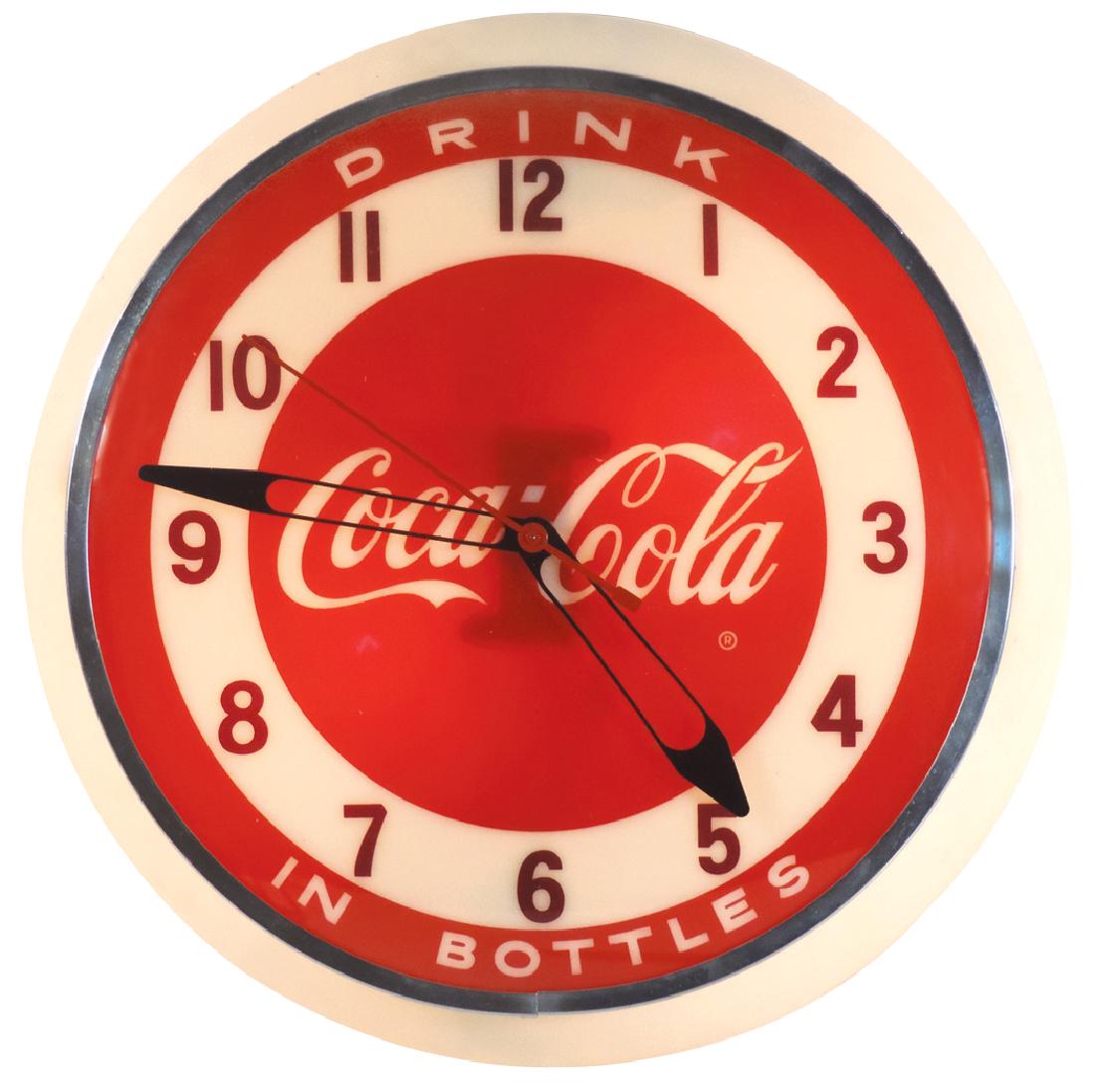 Coca-Cola clock, plastic lightup, Exc wkg cond, 18"Dia.: Coca-Cola clock, plastic lightup, Exc wkg cond, 18"Dia.
