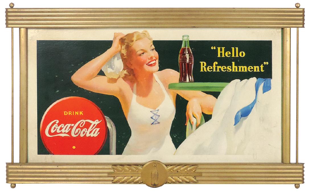 Coca-Cola sign, cdbd in 1950's gold wood frame, "Hello: Coca-Cola sign, cdbd in 1950's gold wood frame, "Hello Refreshment" w/bathing suit girl, VG cond w/water stain, frame Exc, 25"H x 41"W.