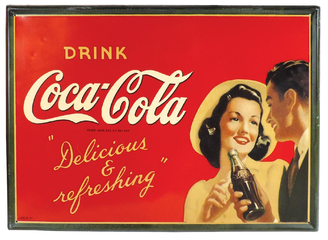 Coca-Cola sign, "Delicious & refreshing", marked: Coca-Cola sign, "Delicious & refreshing", marked AM-11-41, self-framed metal, couple w/Coke bottle graphics, long scratch through verbiage on bottom left, VG cond, 19.5"H x 28"W.