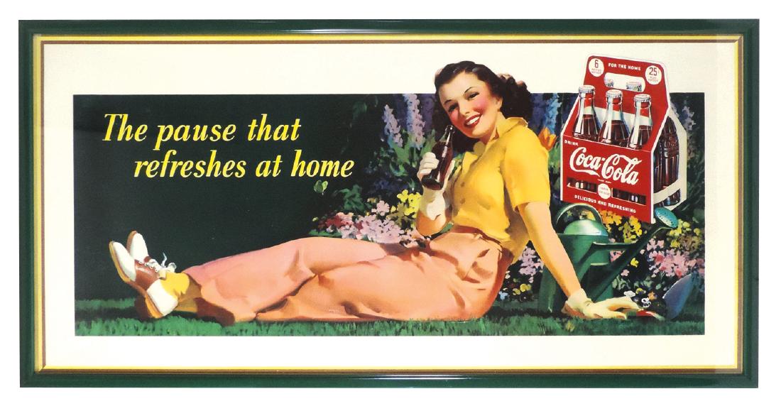 Coca-Cola sign, cdbd, c.1949, by Forbes Litho Co., prof: Coca-Cola sign, cdbd, c.1949, by Forbes Litho Co., prof framed under glass, Exc cond, 29.5"H x 59"W.