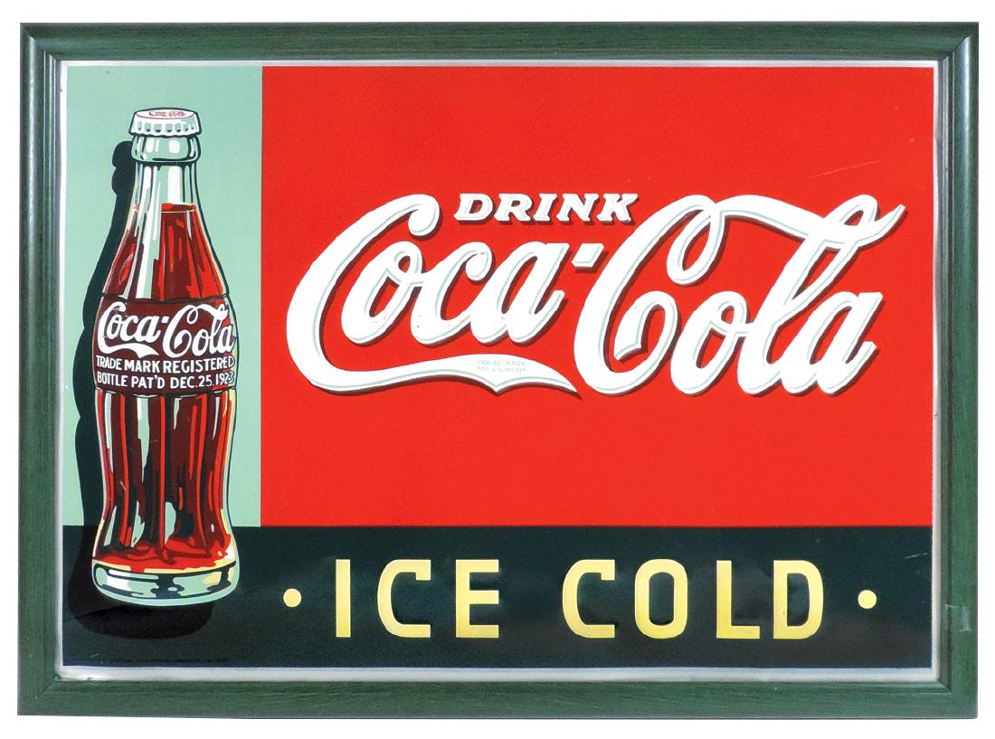 Coca-Cola sign, "Drink Coca-Cola Ice Cold" w/Christmas: Coca-Cola sign, "Drink Coca-Cola Ice Cold" w/Christmas bottle, by American Art Works, Inc.-Coshocton, OH, embossed metal, long crease on RH side & buckle/crease on lower LH side, green plastic frame,