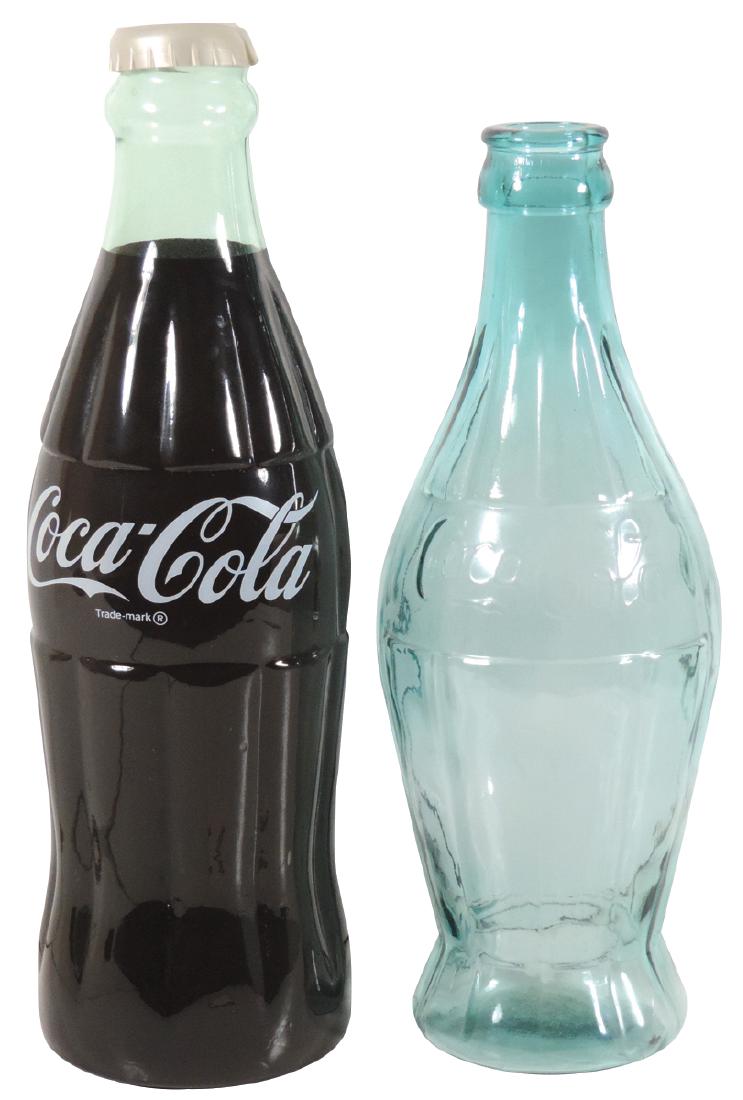 Coca-Cola oversized bottles (2), both glass, one: Coca-Cola oversized bottles (2), both glass, one w/plastic cap, cap is split, o/wise both Exc cond, 18.5" & 20"H.