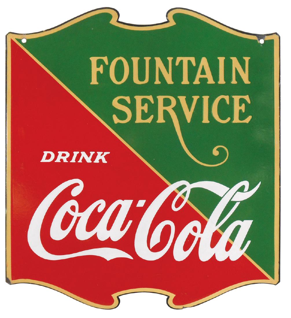 Coca-Cola sign, Fountain Service 2-sided porcelain: Coca-Cola sign, Fountain Service 2-sided porcelain diecut shield, a beautiful prof restored sign in Exc+ cond on both sides, 25.5"H x 23"W.
