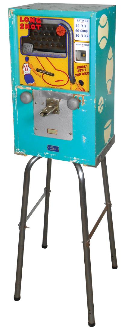 Coin-operated arcade game, "Long Shot", mfgd by J.F.: Coin-operated arcade game, "Long Shot", mfgd by J.F. Frantz Co.-Chicago, c.1960's, Good orig wkg cond on stand, 50"H x 14"W x 10"D.