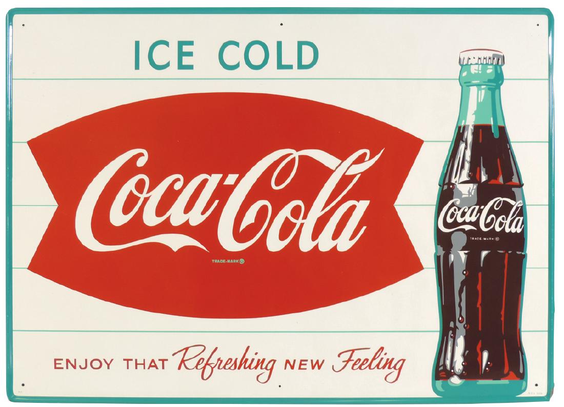 Coca-Cola sign, "Enjoy that Refreshing New Feeling,": Coca-Cola sign, "Enjoy that Refreshing New Feeling," self-framed metal, fishtail w/bottle, marked MCA 2033, NOS Exc+ cond, 19.5"H x 28"W.