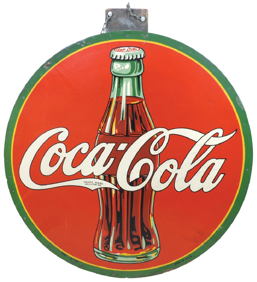 Coca-Cola sign, metal w/bottle graphic on orig wood: Coca-Cola sign, metal w/bottle graphic on orig wood backing, marked A.A.W. 1933, VG+ cond, 46"Dia.