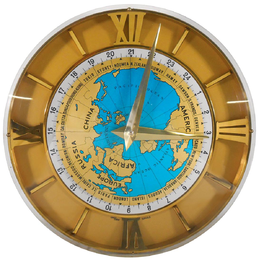 Clock, International 24-hour time clock, IMHOF Swiss: Clock, International 24-hour time clock, IMHOF Swiss movement, metal body w/domed plastic cover, great world globe center graphic, VG wkg cond, 21"Dia.