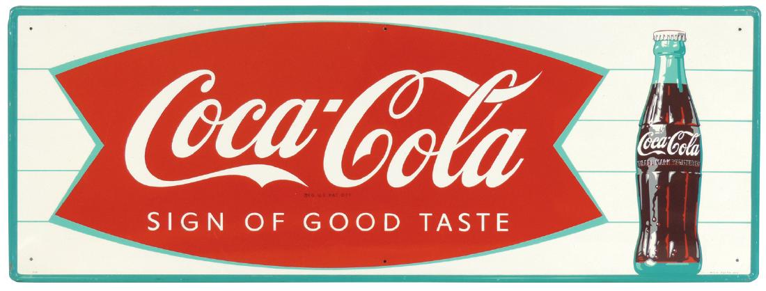Coca-Cola sign, fishtail w/bottle, self-framed metal,: Coca-Cola sign, fishtail w/bottle, self-framed metal, marked MCA Sign Co., 604, Exc+ cond, 12"H x 32"W.