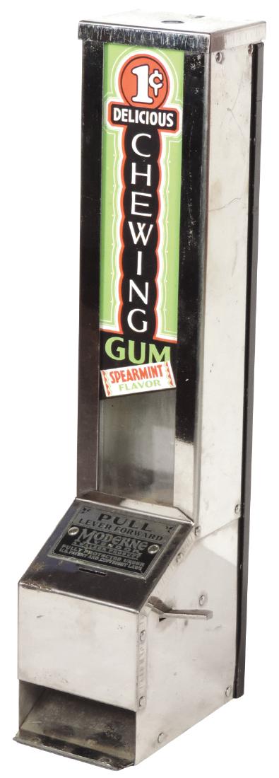Coin-operated chewing gum vendor, Walzer Moderne: Coin-operated chewing gum vendor, Walzer Moderne Vendor, 1 Cent, c.1930's, VG wkg cond, no key, 17"H x 4.5"W x 6"D.