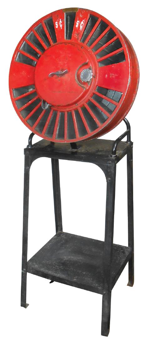 Coin-operated sandwich or snack vendor on stand, mfgd: Coin-operated sandwich or snack vendor on stand, mfgd by Snax Automatic Stores-Detroit, 5 Cent, turn knob, bring selection to top window, twist center handle & glass moves to access your selection, c.