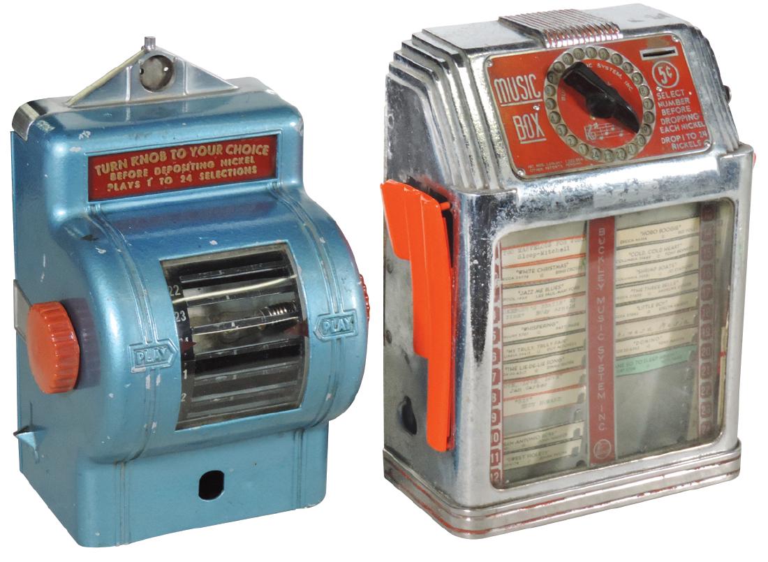 Coin-operated wall boxes (2), Buckeye Music System: Coin-operated wall boxes (2), Buckeye Music System Inc., 24-selection, warp in plastic side trim & wall box w/24-selection rotary dial, break in bottom casting, both in Good cond, up to 11.5"H.