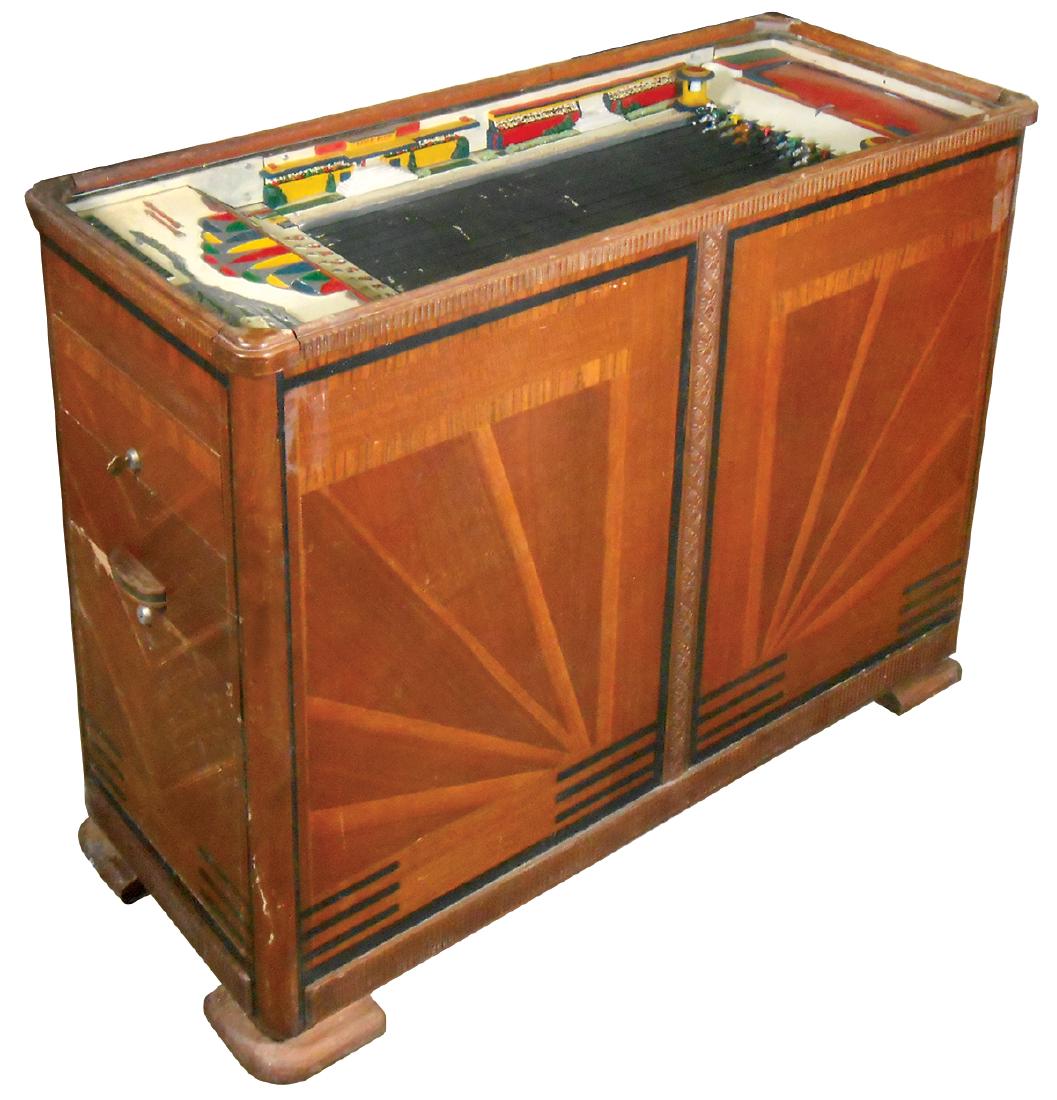 Coin-operated slot machine, Rare Bally Rays Track,: Coin-operated slot machine, Rare Bally "Rays Track", 1930's 9-horse console slot machine in Good orig cosmetic cond, missing coin head, 39"H x 20"W x 46"D.