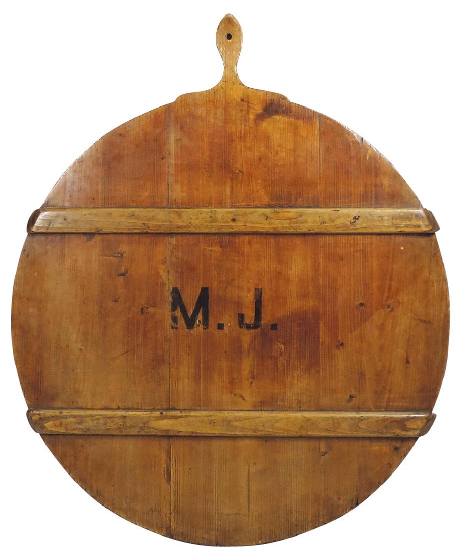 Primitive bread board, 1800's round pine board: Primitive bread board, 1800's round pine board w/handle, initialed M.J., Exc cond, 29"Dia.