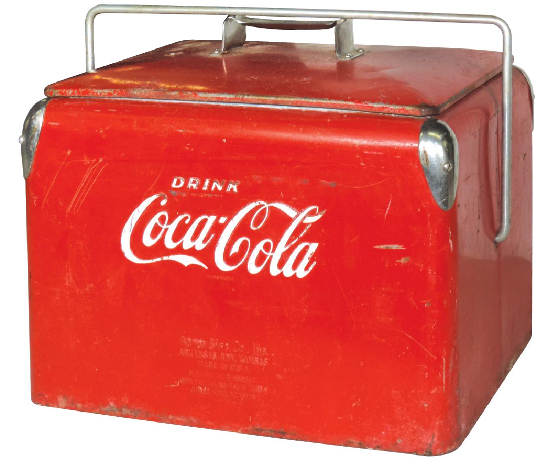 Coca-Cola picnic cooler, from Action Mfg Co.-Arkansas: Coca-Cola picnic cooler, from Action Mfg Co.-Arkansas City, KS, embossed metal, Good overall cond w/orig paint, 15"H x 19"W.