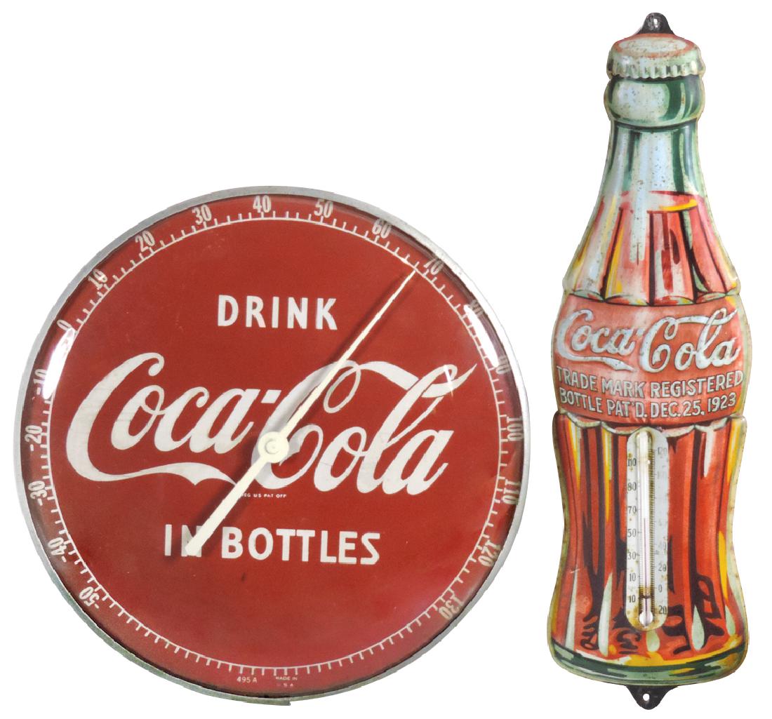 Coca-Cola thermometers (2), round w/glass front,: Coca-Cola thermometers (2), round w/glass front, c.1950's, Exc wkg cond, 12"Dia & diecut embossed Christmas bottle, pat'd Dec 25, 1923, Good cond w/fade, 16.5"H x 4.5"W.