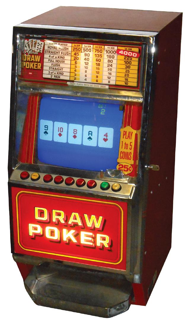 Coin-operated poker machine, 25 Cent Draw Poker,: Coin-operated poker machine, 25 Cent Draw Poker, c.1970's, shows some wear, Good orig wkg cond, 36"H x 18"W x 22"D.