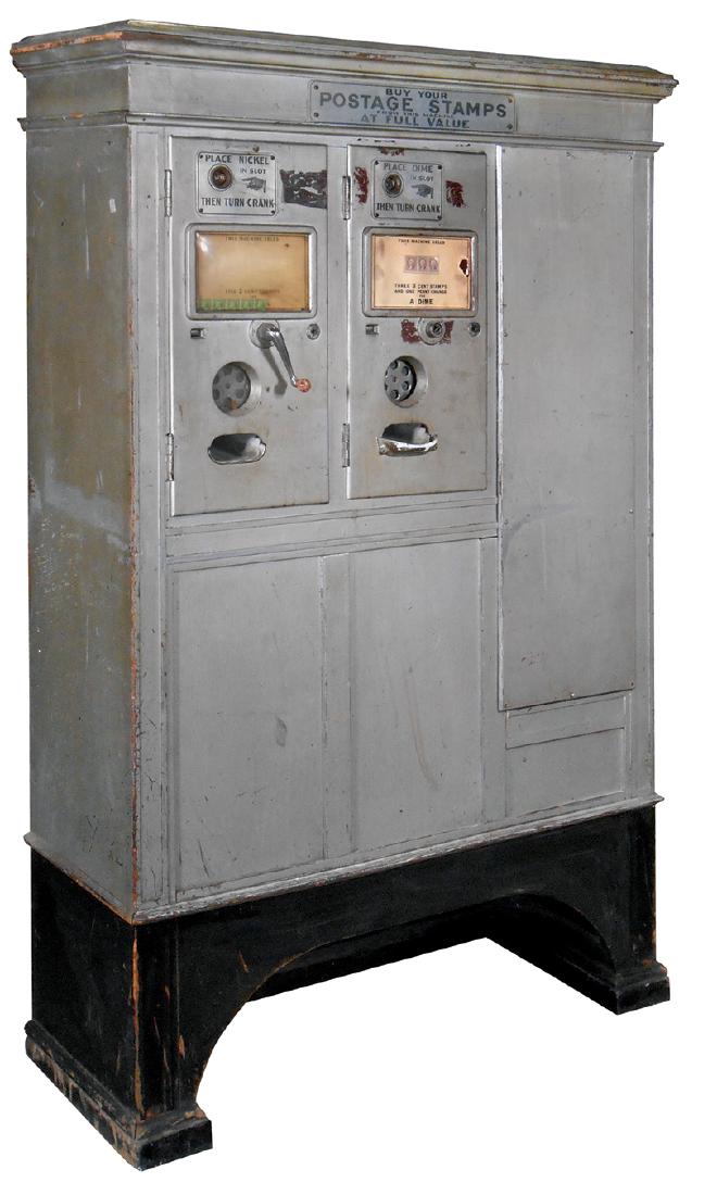 Coin-operated stamp machine, maker unknown, c.1920's,: Coin-operated stamp machine, maker unknown, c.1920's, vends 1 Cent & 3 Cent stamps w/coin changer, wood cabinet, Good untested cond, 63"H x 39"W x 13"D.