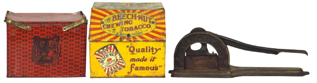 Tobacco tins & cutter (3), Tiger lunchbox, Beech-Nut: Tobacco tins & cutter (3), Tiger lunchbox, Beech-Nut counter display & Griswold cast iron cutter, VG, Fair & VG cond, up to 8"H.