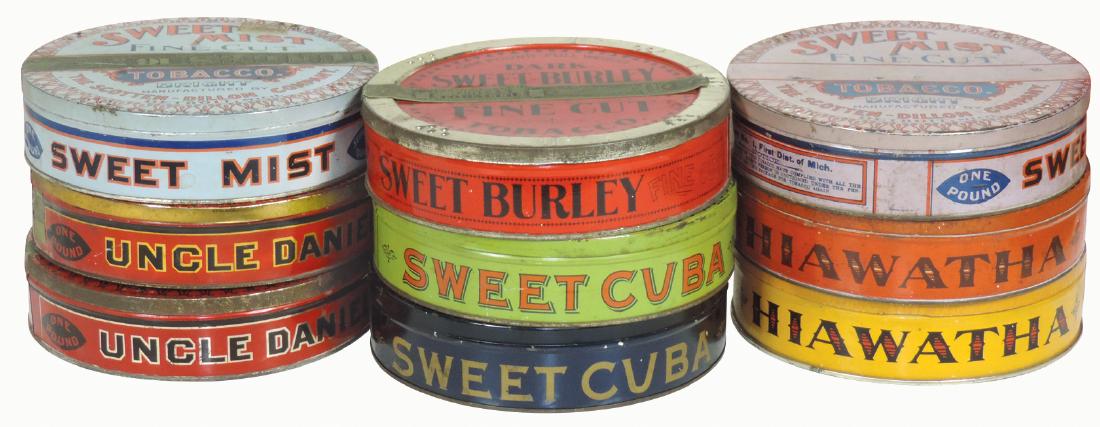 Tobacco tins (9), Hiawatha, Uncle Daniel, Sweet Cuba,: Tobacco tins (9), Hiawatha, Uncle Daniel, Sweet Cuba, Dark Hiawatha, Dark Sweet Cuba, Dark Sweet Burley & Sweet Mist brands, all round metal tins in VG & Exc cond, 8.25"Dia.