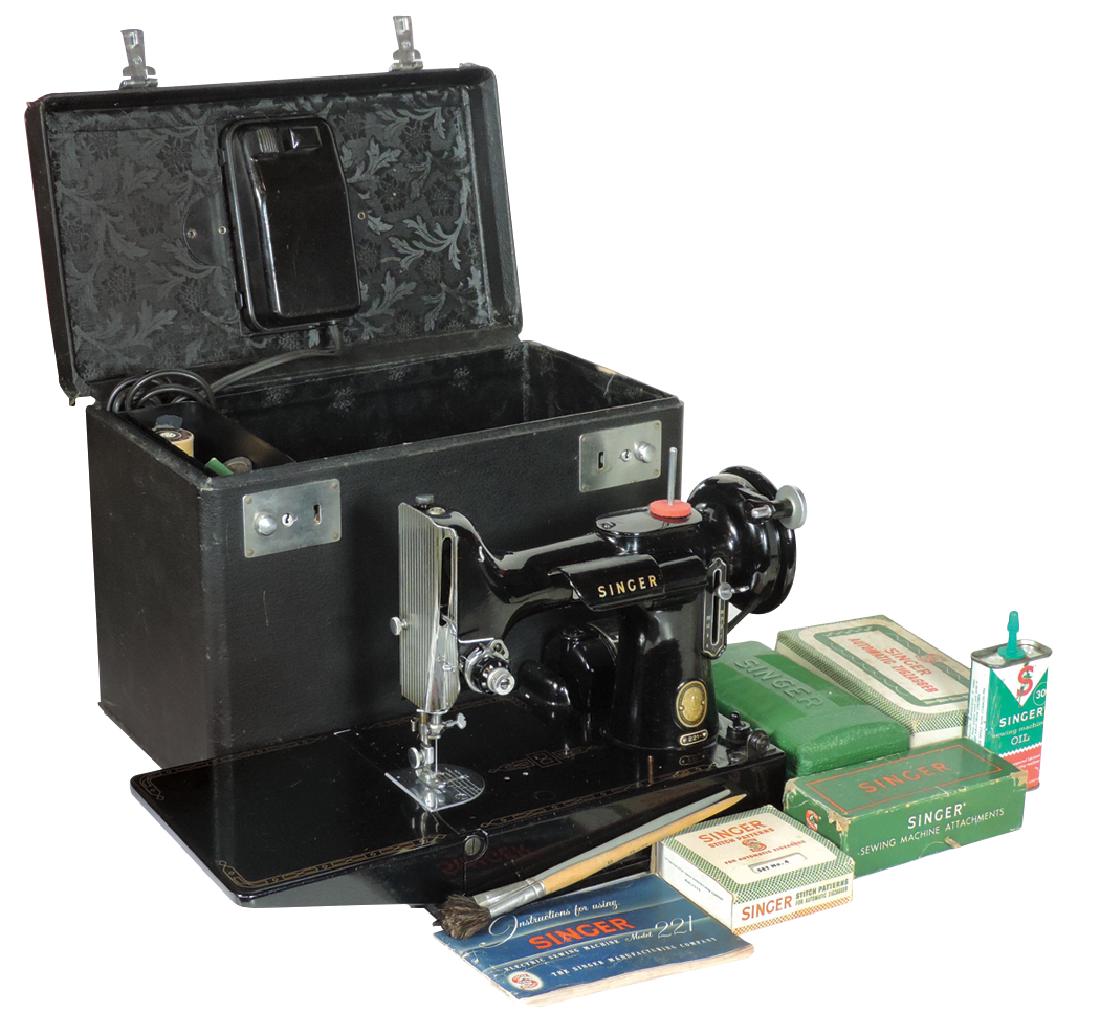 Sewing machine, Singer Featherweight, Model 221 w/orig: Sewing machine, Singer Featherweight, Model 221 w/orig case, mfgd by The Singer Mfg. Co.-Elizabethport, NJ, c.1930's, includes buttonhole & automatic zig-zag attachments, patterns, buttonhole template