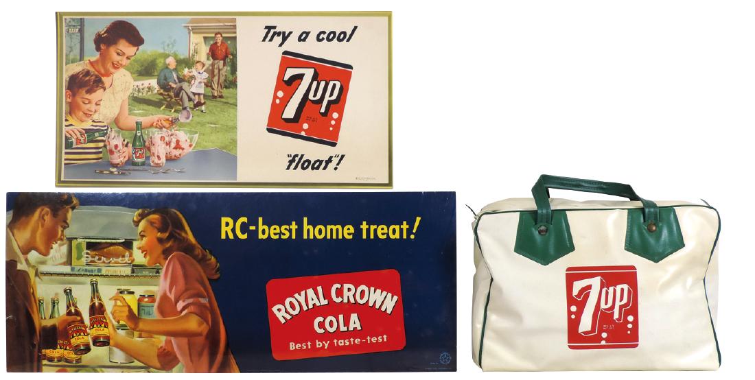 Soda fountain signs & cooler (3), 7Up cdbd, dated 1952;: Soda fountain signs & cooler (3), 7Up cdbd, dated 1952; 7Up plastic cooler & Royal Crown Cola cdbd sign, all VG/Exc cond, largest 11"H x 28"W.