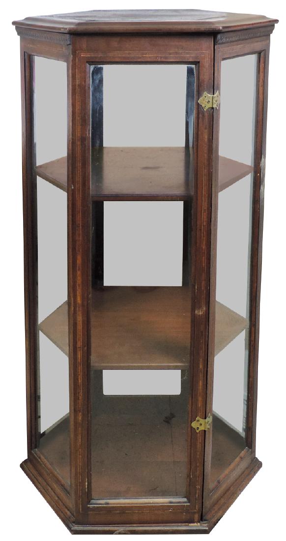 Country store display case, walnut 6-sided case w/wood: Country store display case, walnut 6-sided case w/wood shelves, inlay on side panels & top, unusual, VG+ cond w/orig surface, 37"H x 18.5"W.