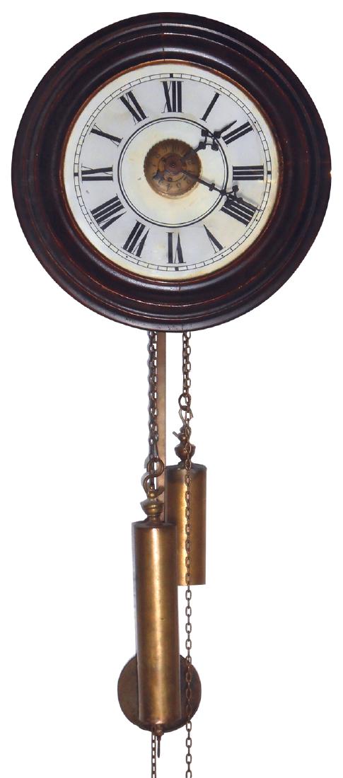 Clock, European weight-driven wall clock, maker: Clock, European weight-driven wall clock, maker unknown, chain-driven time & strike, wood case & bezel, c.1860's, Good orig wkg cond w/11"Dia dial.