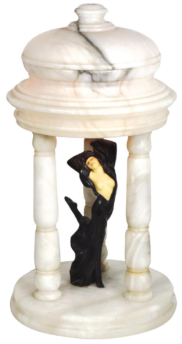 Lamp, alabaster w/semi-nude woman lightup base, VG wkg: Lamp, alabaster w/semi-nude woman lightup base, VG wkg cond, 20.5"H x 11"Dia.