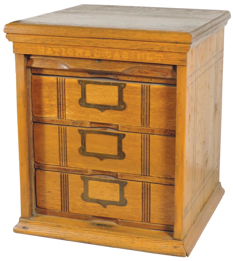 Furniture, file cabinet, oak 3-drawer w/roll-up front,: Furniture, file cabinet, oak 3-drawer w/roll-up front, lock but no key, Exc cond w/refinished surface, 18"H x 15.5"W x 14"D.