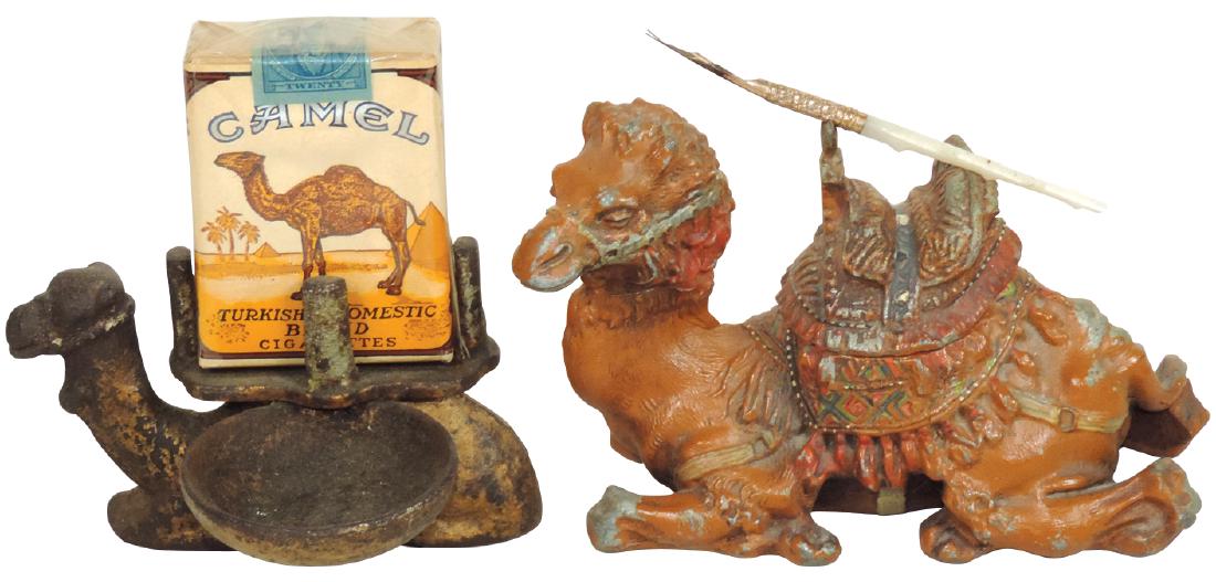 Desk accessories (2), figural camel inkwell & ashtray: Desk accessories (2), figural camel inkwell & ashtray w/Camel Cigarette pack, inkwell Exc cond w/orig paint, ashtray VG cond, up to 5"H.