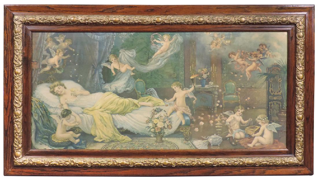Victorian print, reclining lady w/cherubs, litho on: Victorian print, reclining lady w/cherubs, litho on paper in fancy oak frame, Exc cond, 28"H x 51"W.